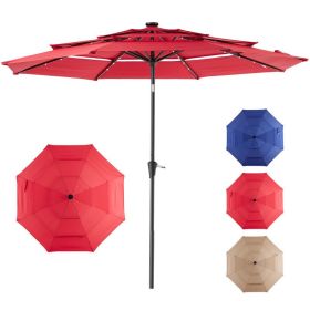 10 FT 3-Layer Solar Patio Umbrella, 32 LED Lights Market Umbrella with Adjustable Tilt, 8-Rib Outdoor Sunshade for Backyard, Deck and Poolside, R