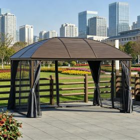 Grey 10'X 13' Hard Top Pavilion with Curtains and Grid Steel Roof Ceiling Courtyard Outdoor Entertainment Area