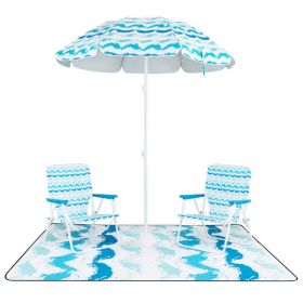 4 Pieces Beach Umbrella Set With 2 Foldable Chairs And Picnic Blanket For Beach And Grass (Option: Blue)