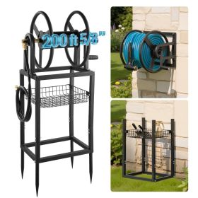Freestanding Garden Hose Reel, Holds 200 Feet Of 5  8-inch Hose, Wall Mount Or Ground Mount, Detachable Holder Stand With Storage Rack, 5 Ft Lead (Option: Default)