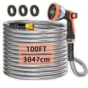 100FT Heavy Duty 304 Stainless Steel Garden Hose with 10-Pattern Spray Nozzle, Flexible Kink-Free Metal Water Hose with Brass Fittings for Lawn, (Color: Orange)