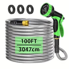 100FT Heavy Duty 304 Stainless Steel Garden Hose with 10-Pattern Spray Nozzle, Flexible Kink-Free Metal Water Hose with Brass Fittings for Lawn, (Color: Green)