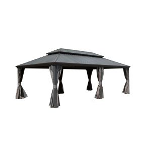 14x22FT Hardtop Gazebo, Outdoor Gazebo with Galvanized Steel Double Roof, Aluminum Frame, Built-in Gutter System, Curtain and Netting (Color: as Pic)