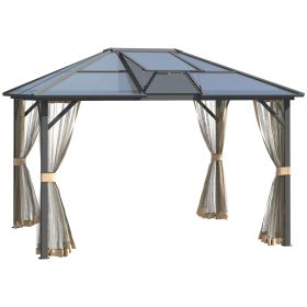 10' x 12' Hardtop Gazebo Canopy with Polycarbonate Roof, Top Vent and Aluminum Frame, Permanent Pavilion Outdoor Gazebo with Netting, for Patio (Color: as Pic)