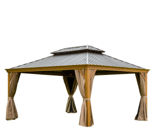 12'x16' Hardtop Gazebo Outdoor Aluminum Wood Grain Gazebos with Galvanized Steel Double Canopy for Patios Deck Backyard (Color: as Pic)