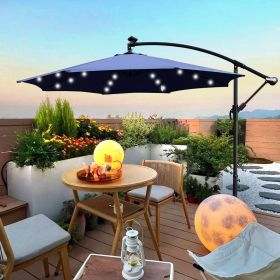 10 ft Outdoor Patio Umbrella Solar Powered LED Lighted Sun Shade Market Waterproof 8 Ribs Umbrella with Crank and Cross Base for Garden Deck Back (Main Material: Fabric+Metal, Main Color: Navy Blue)