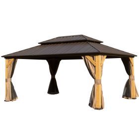 12x16FT Cedar Wood Gazebo, Solid Wood Hardtop Gazebo with Galvanized Steel Double Roof, Netting & Curtains, Outdoor Gazebo for Patio, Backyard, D (Color: as Pic)